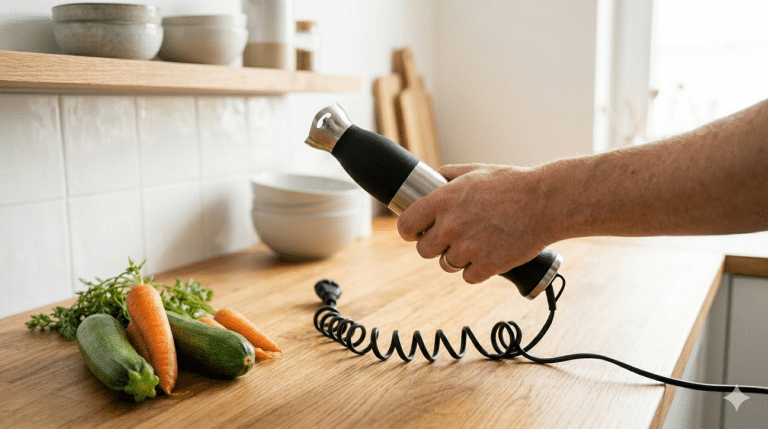 Mixeur batteru en panne avec câble d'alimentation sur plan de travail