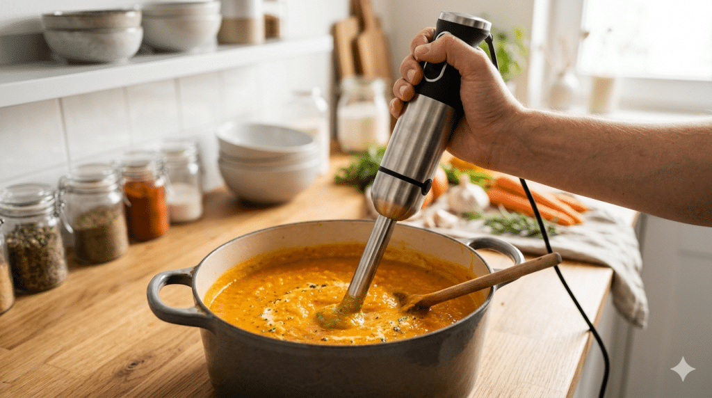 Utiliser un mixeur plongeant dans une casserole de velouté de carottes
