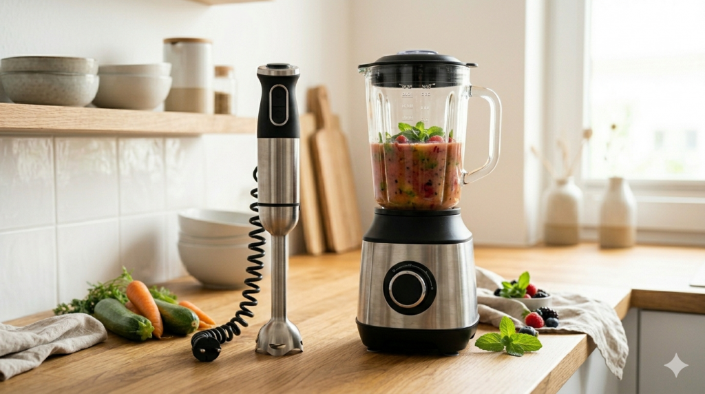 Mixeur plongeant et blender posés côte à côte sur un plan de travail de cuisine