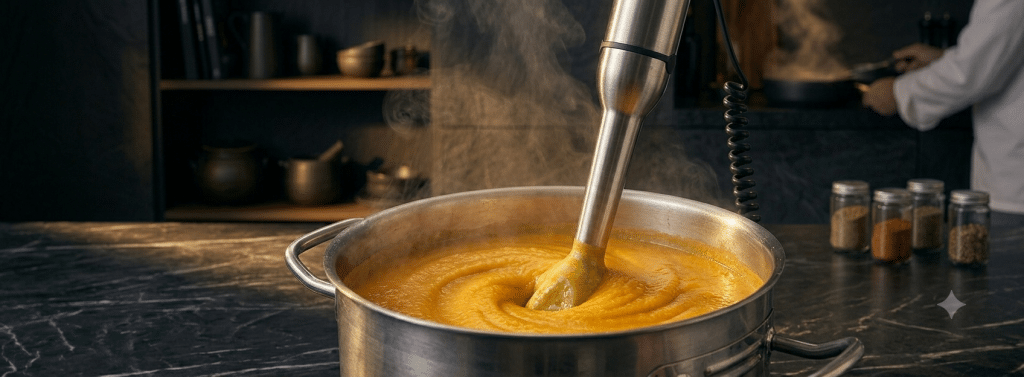 Mixeur bras Moulinex en train de mixer une soupe orange crémeuse dans une grande casserole avec de la vapeur qui s'échappe