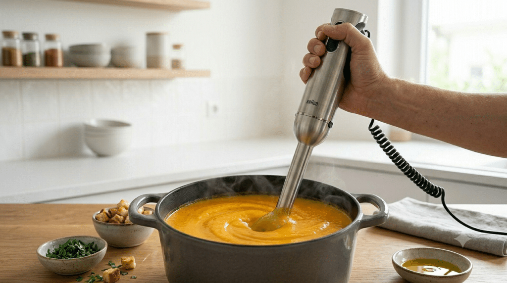 Mixeur plongeant utilisé pour mixer une soupe de légumes dans une casserole