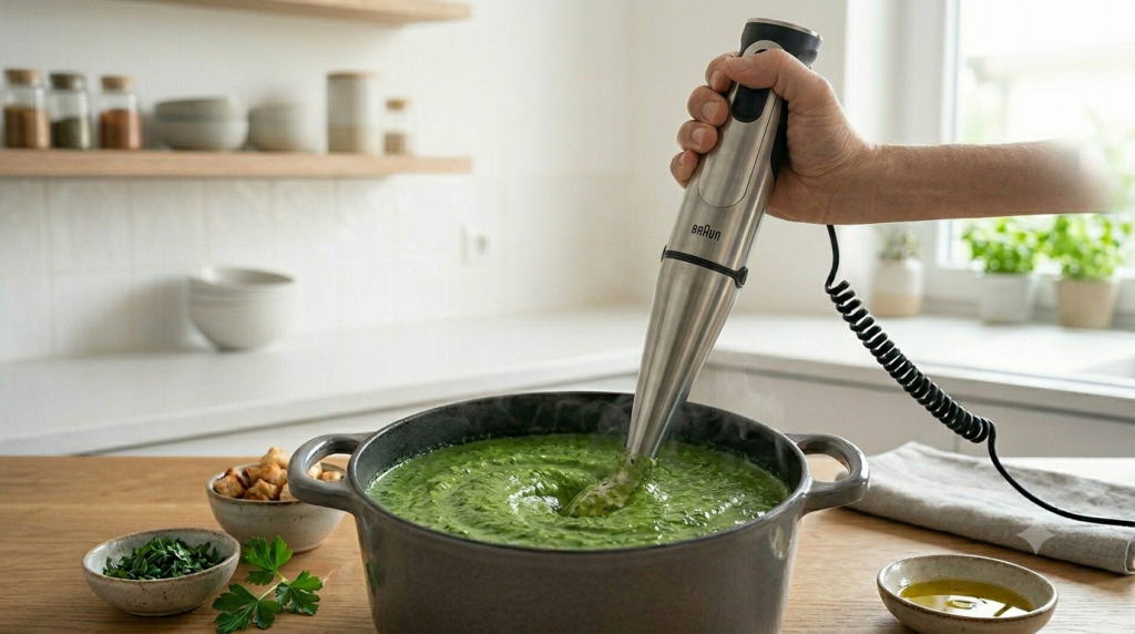 Mixeur plongeant Braun en train de mixer une soupe de légumes orange dans une casserole
