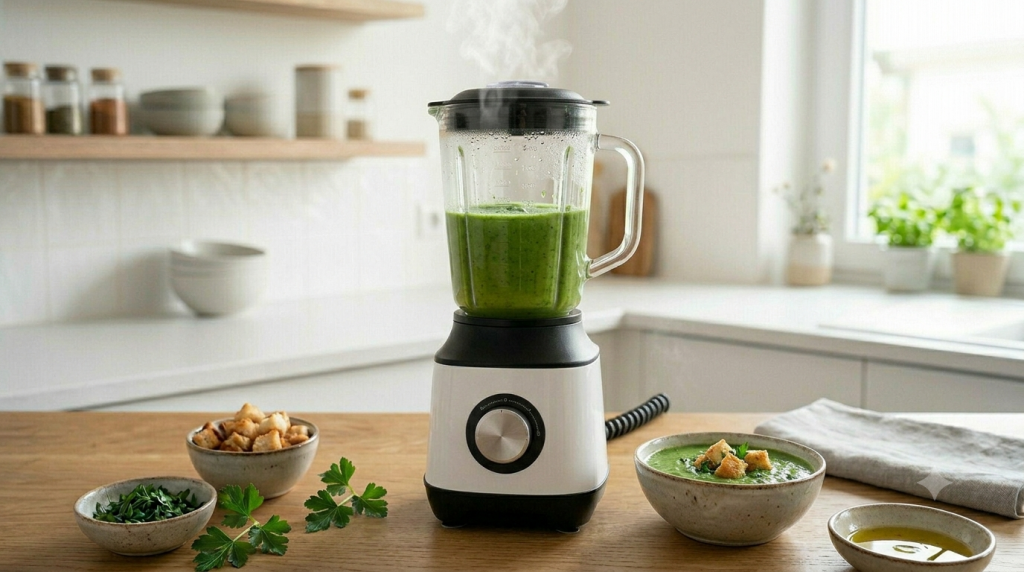 Blender chauffant Moulinex Easy Soup avec soue de légumes sur plan de travail