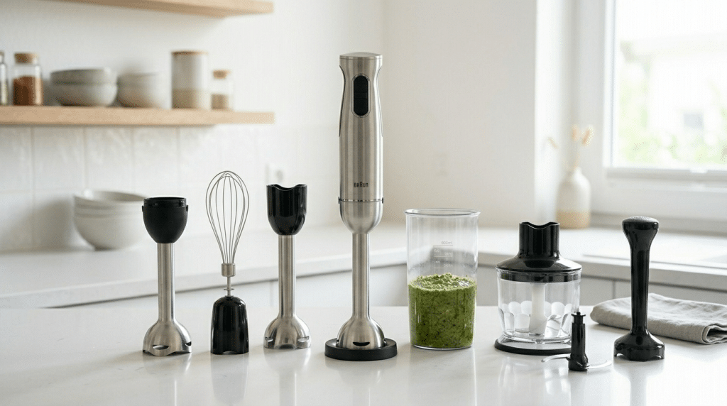 Comparatif mixeurs plongeants Braun MultiQuick Kitchenaid Moulinex sur plan de travail