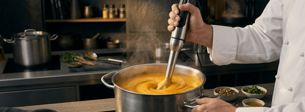 Chef professionnel utilisant un mixeur plongeant inox pour mixer une soupe crémeuse dans une grande casserole en cuisine de restaurant