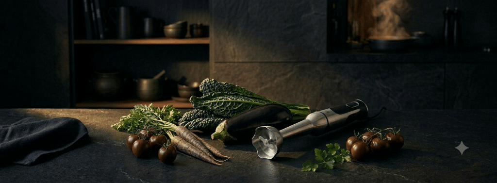 Mixeur plongeant professionnel en acier inoxydable posé sur un plan de travail de cuisine professionnelle avec éclairage dramatique